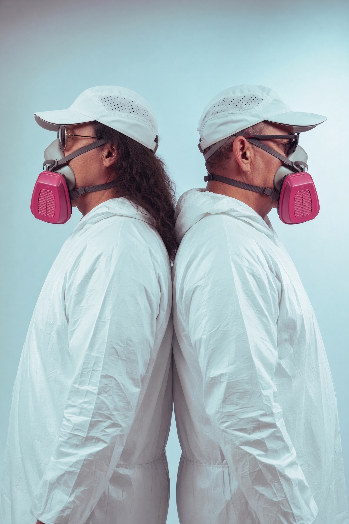 Joel and Ian standing back-to-back in white suits and respirators