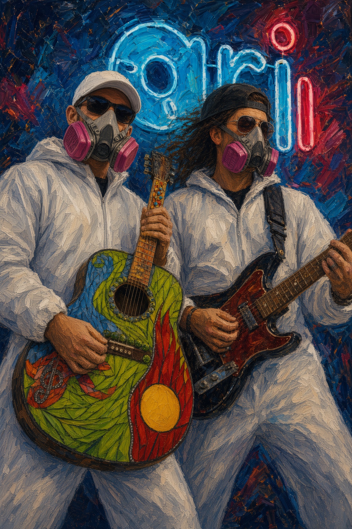 Joel and Ian holding guitars in front of a neon Brushstrokes sign