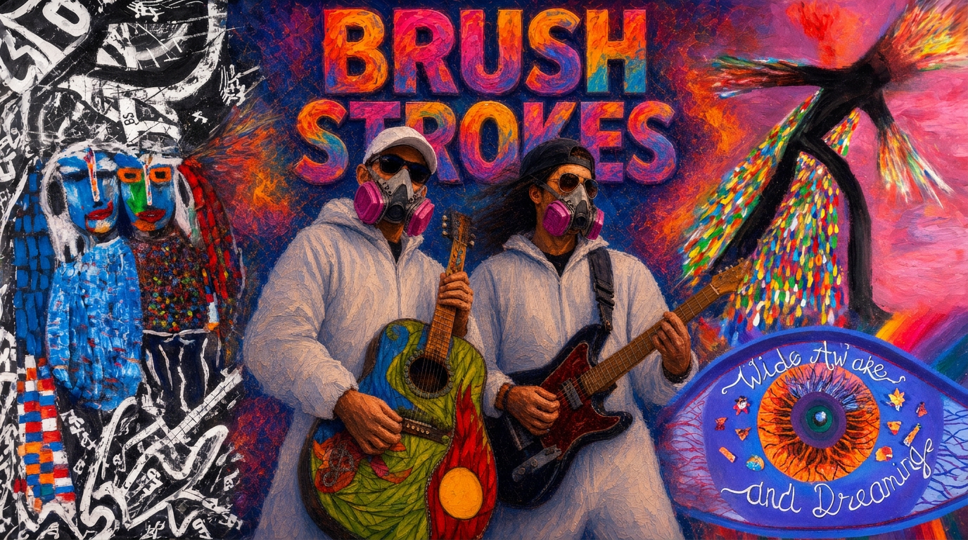 Joel and Ian surrounded by colorful Brushstrokes artwork